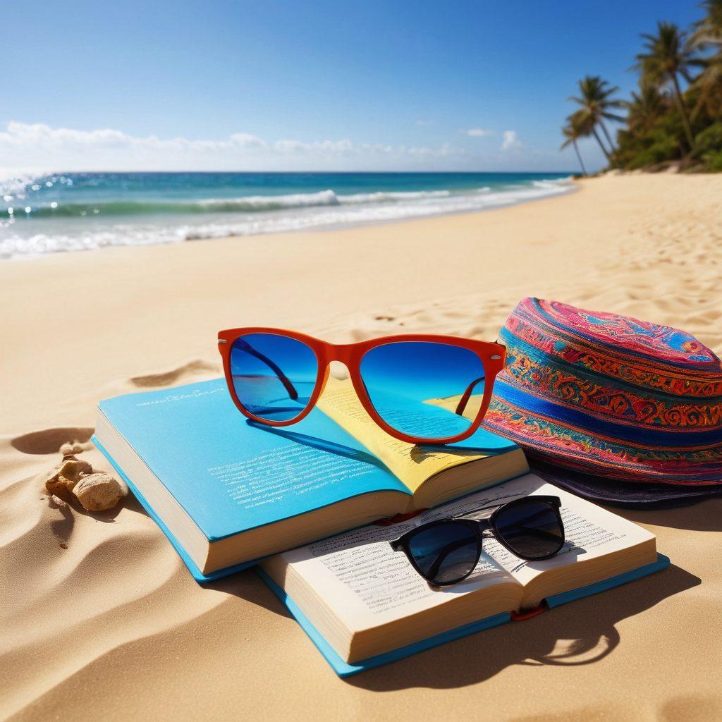 A vibrant beach scene with colorful beachwear laid out on pristine sand, alongside Arabic grammar books and stylish sunglasses. In the background, gentle waves lap at the shore, and a bright blue sky stretches overhead. A local artisan creating beach accessories can be seen, adding cultural flair. The scene conveys a fusion of fashion and education, inviting readers to explore in a lively, engaging atmosphere. super-realistic. vibrant colors. sunny day.