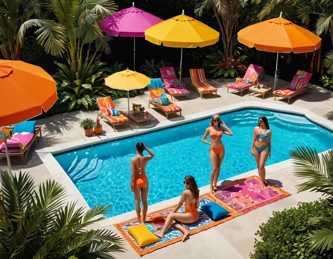 A vibrant poolside scene featuring a diverse group of fashionable individuals in stylish swimwear, surrounded by colorful beach umbrellas and exotic plants. The scene should have a playful atmosphere with elements of Arabic calligraphy artistically integrated, possibly on towels or sun hats. Use warm, inviting colors to evoke a sense of summer fun and relaxation. super-realistic. vibrant colors. 3D.